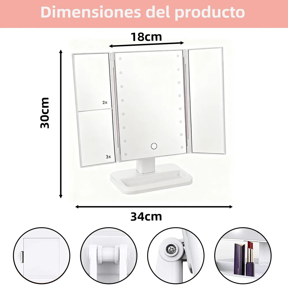 Espejo de Maquillaje LED Plegable de 4 Paneles