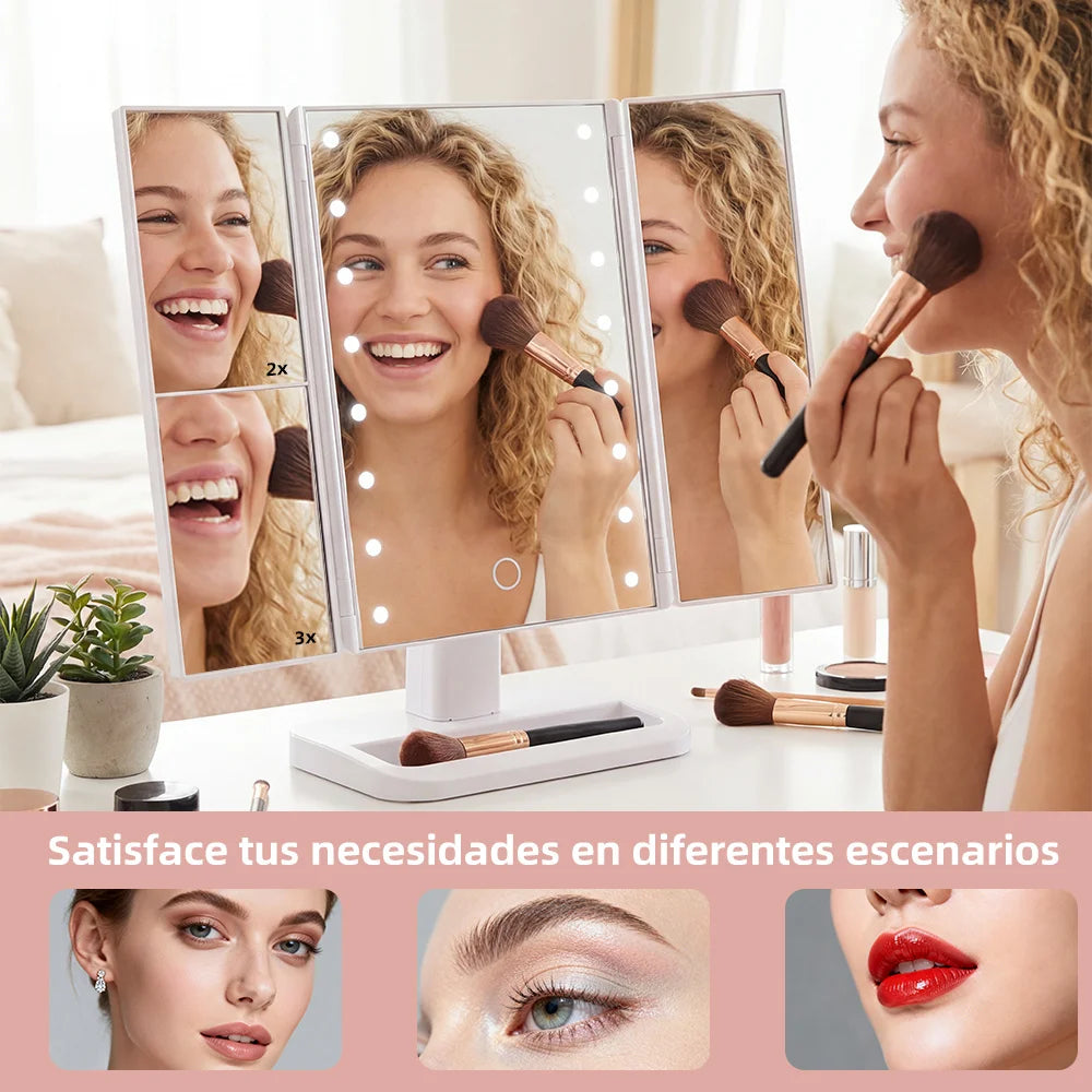 Espejo de Maquillaje LED Plegable de 4 Paneles