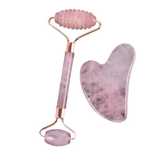 Masajeador facial con rodillo y herramienta Gua Sha de cuarzo rosa natural