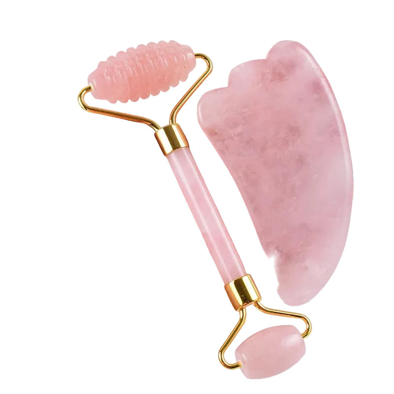 Masajeador facial con rodillo y herramienta Gua Sha de cuarzo rosa natural