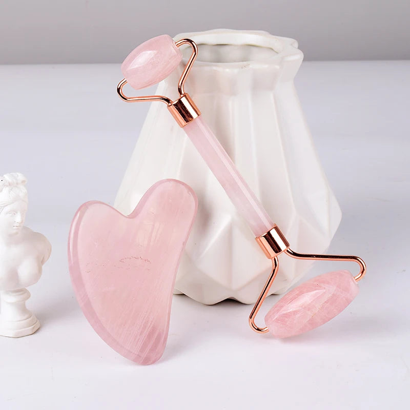 Masajeador facial con rodillo y herramienta Gua Sha de cuarzo rosa natural