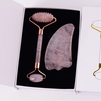 Masajeador facial con rodillo y herramienta Gua Sha de cuarzo rosa natural