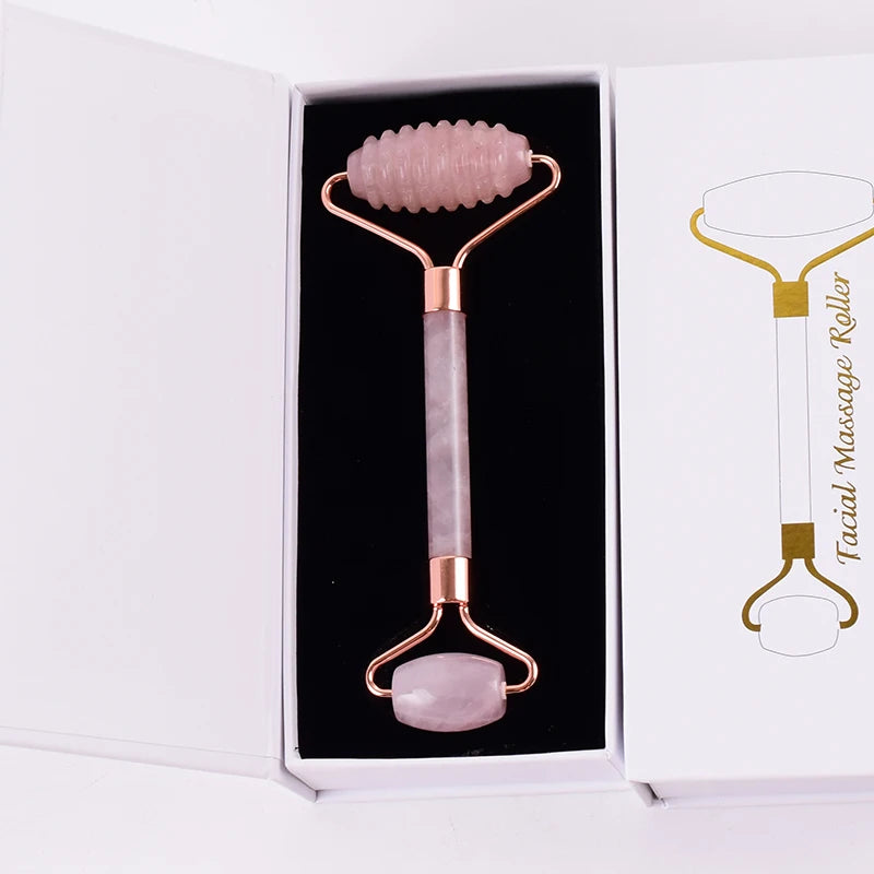 Masajeador facial con rodillo y herramienta Gua Sha de cuarzo rosa natural