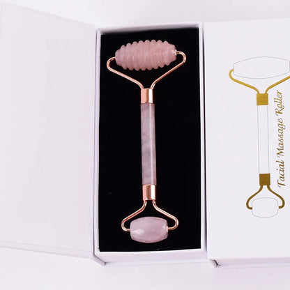 Masajeador facial con rodillo y herramienta Gua Sha de cuarzo rosa natural
