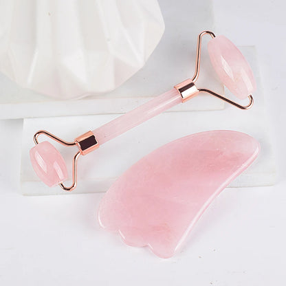 Masajeador facial con rodillo y herramienta Gua Sha de cuarzo rosa natural